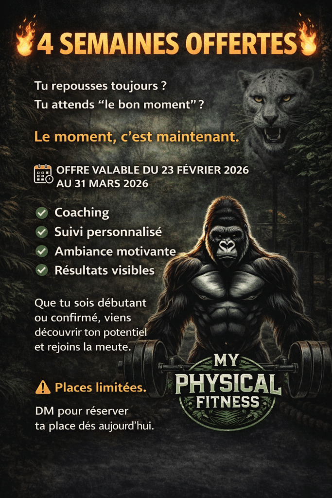 Affiche My Physical Fitness avec gorille musclé : 4 semaines offertes, coaching et résultats visibles dès maintenant.